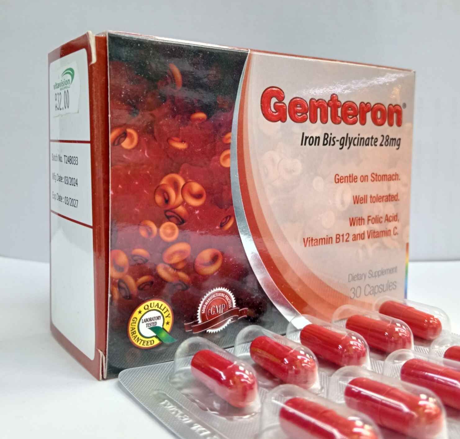 Genteron iron Capsules with folic acid, Vitamin B-12 and Vitamin C. (Well tolerated and gentle on stomach)