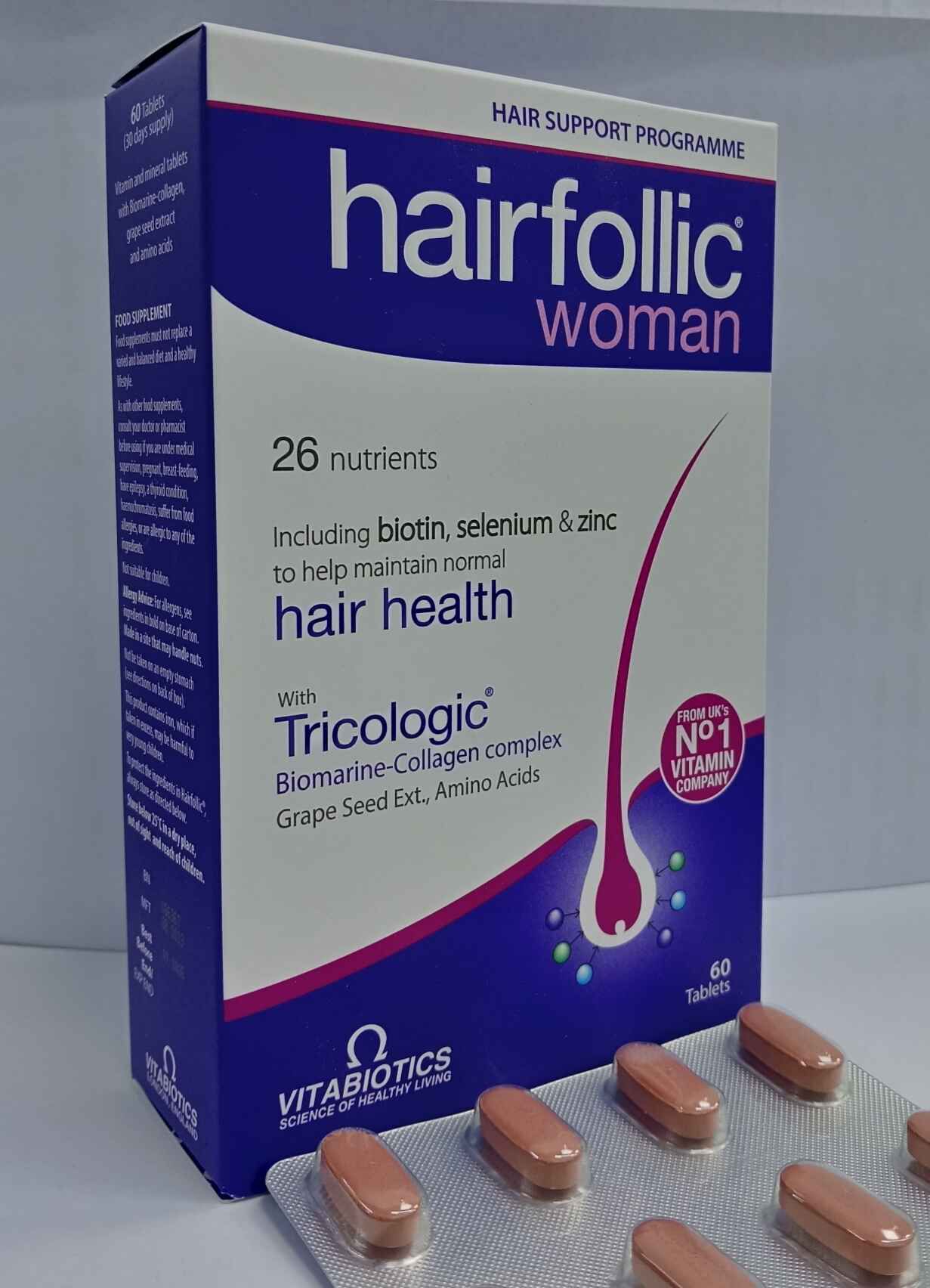 Hairfollic Woman tablets a carefully balanced combination of vitamins, minerals and bio-active nutrients for Hair growth for woman