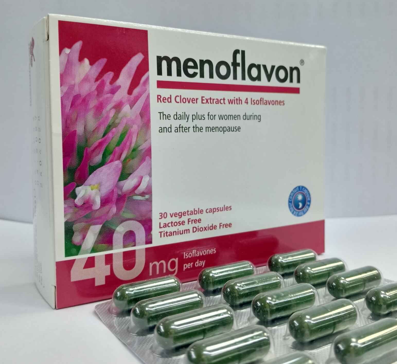 Menoflavon Capsules Red Clover Extract with 4 isoflavones to help maintain the physical and mental balance of her body during or before menopause