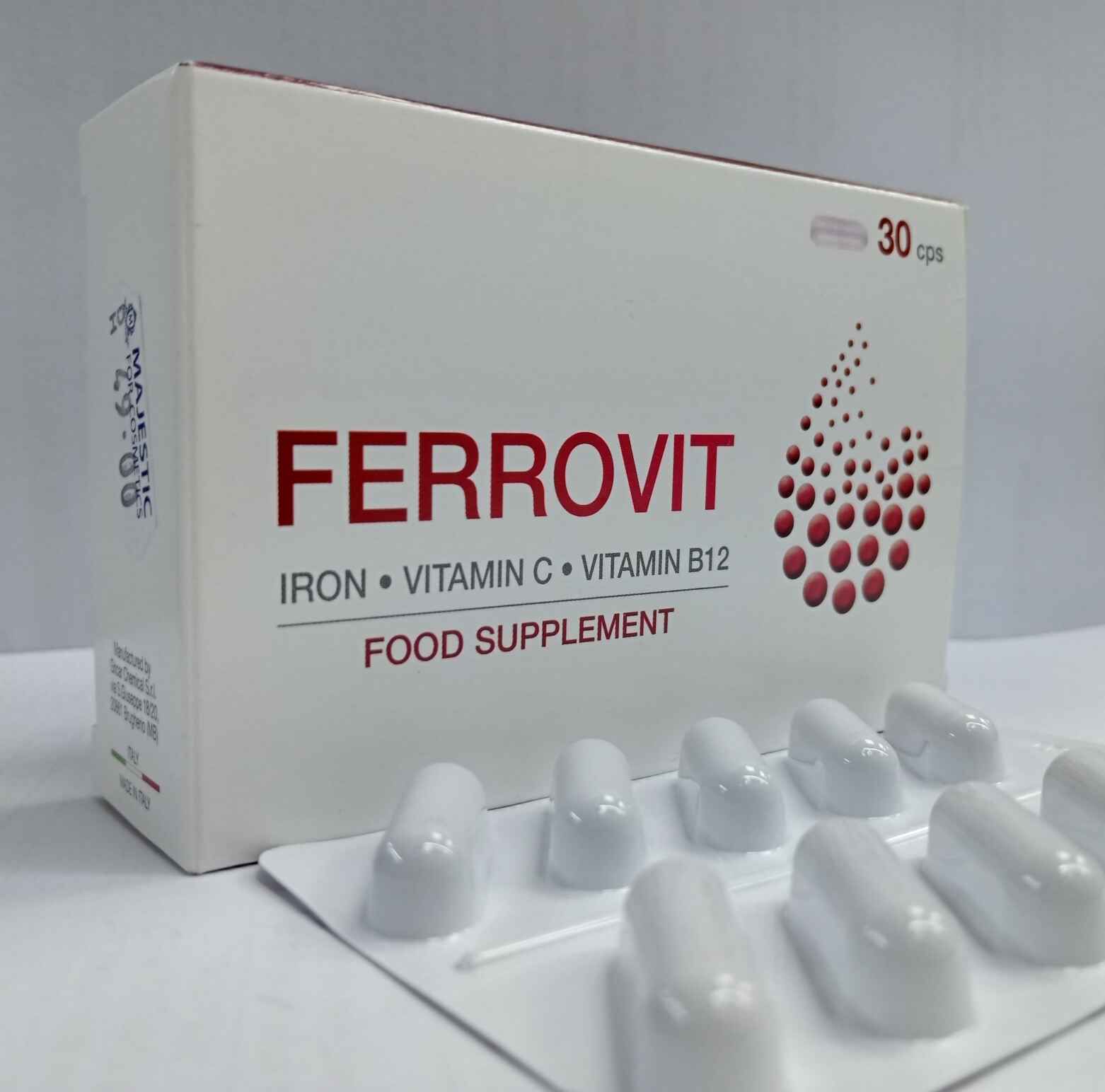 FERROVIT Capsules supplements of Iron, Vitamin C and Vitamin B-12. Support general health and vitality.