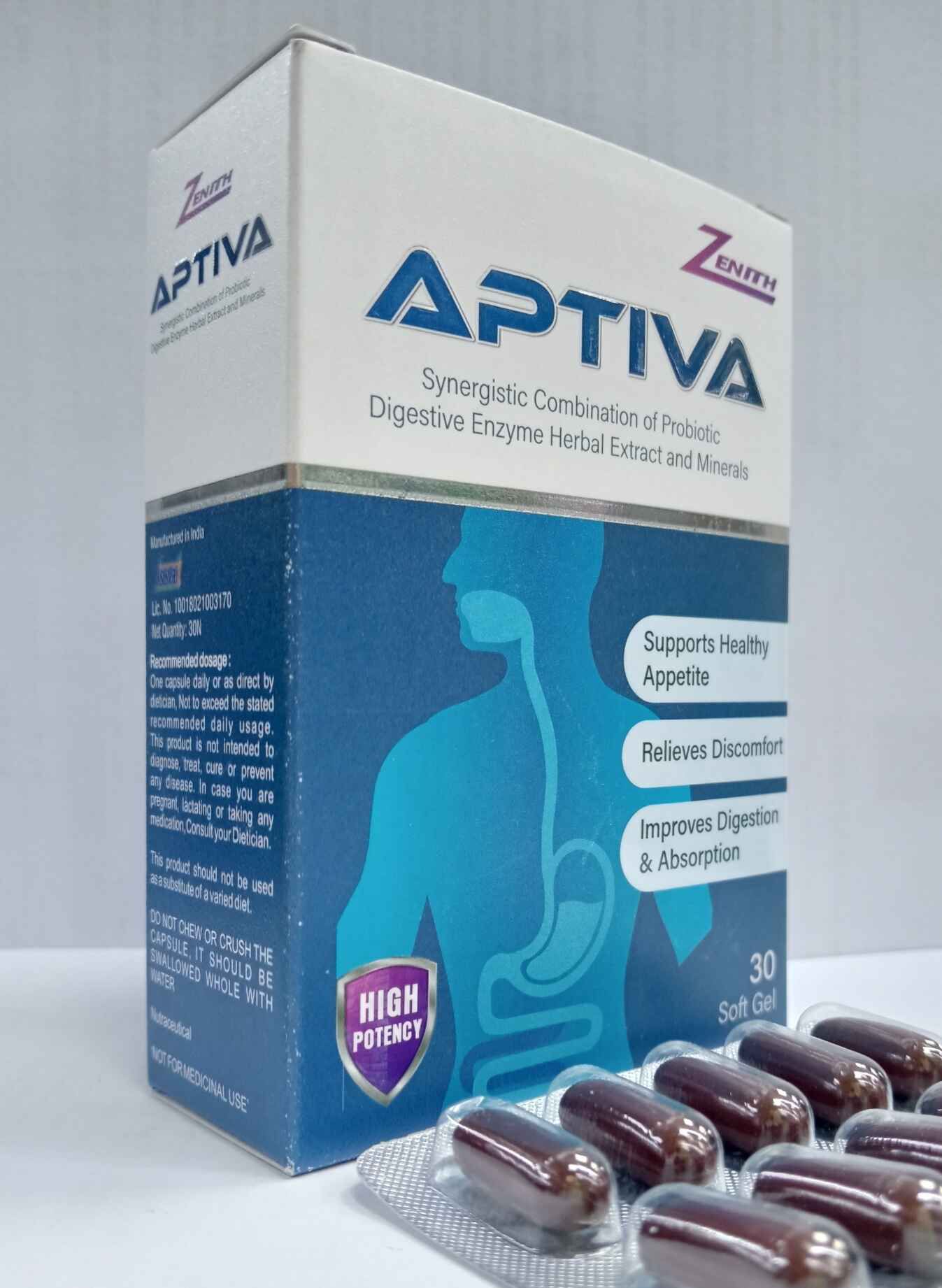 Zenith Aptiva softgel capsules contain Probiotics, essential minerals, vitamins and herbal extracts
