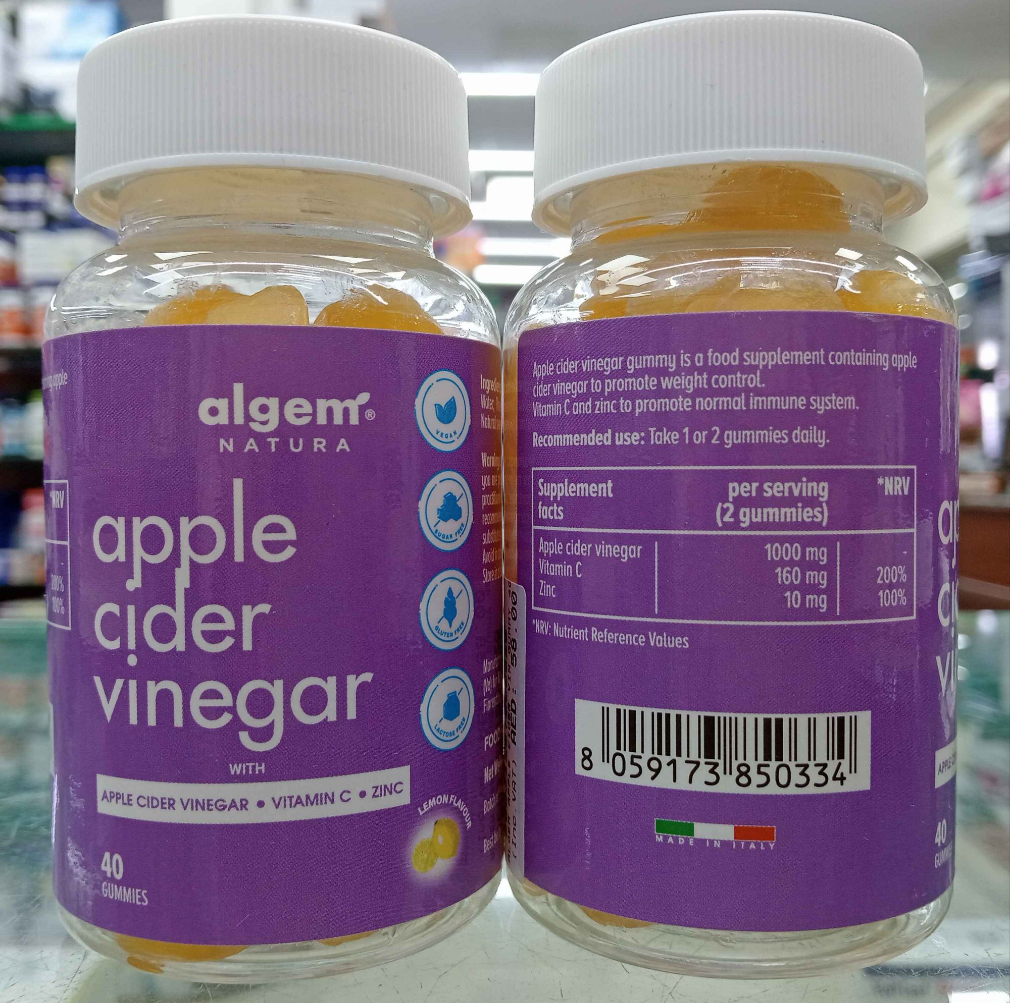 Algem Natura's Apple Cider Vinegar gummies with vitamin C and zinc for weight control and immunity 

