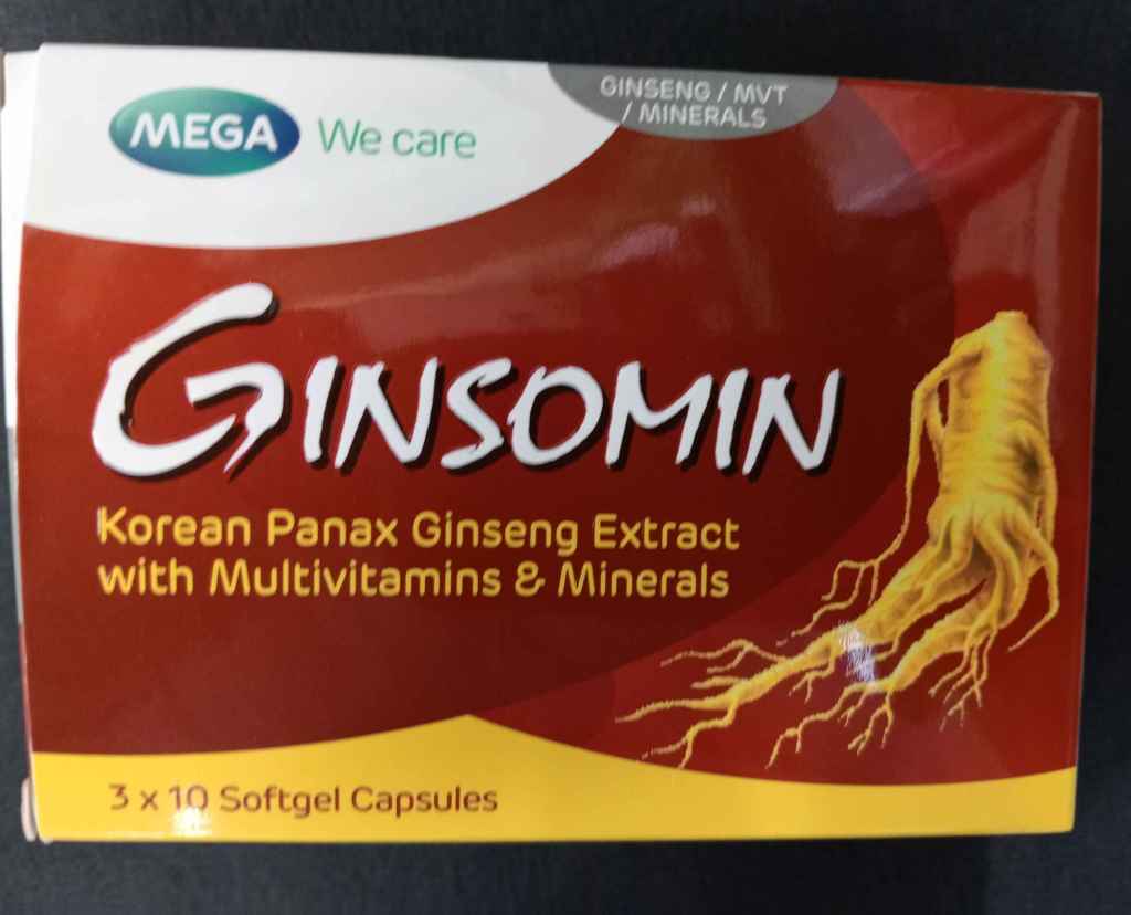 Ginsomin Capsules (multivitamins and Ginseng) Helps relieve fatigue and stress. Provides vitamins and minerals&nbsp;supplement.