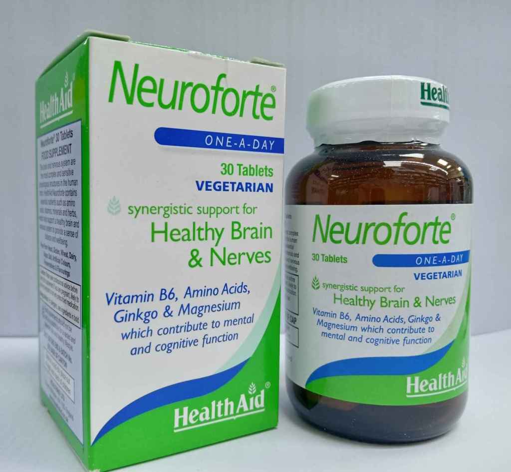 HealthAid Neuroforte Tablets Synergistic support for Healthy brain and nerves. Contains Vitamin B-6, amino acids, Ginkgo Biloba, Magnesium which contributes to mental and cognitive&nbsp;function.