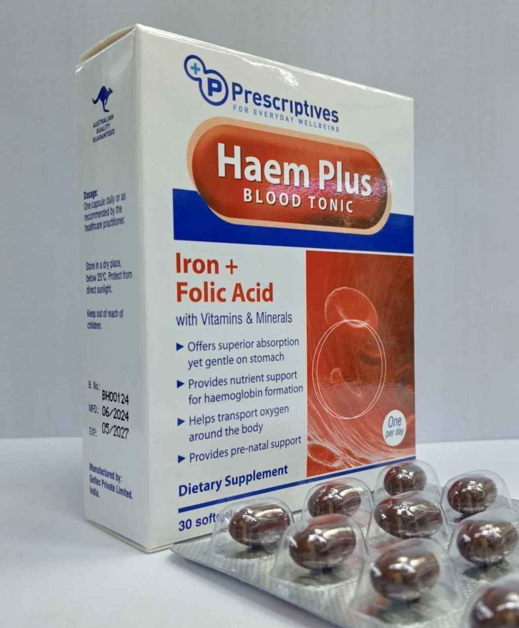 Prescriptives Haem Plus capsules contains iron and folic acid with vitamins and minerals Provides nutritional support for hemoglobin&nbsp;formation.