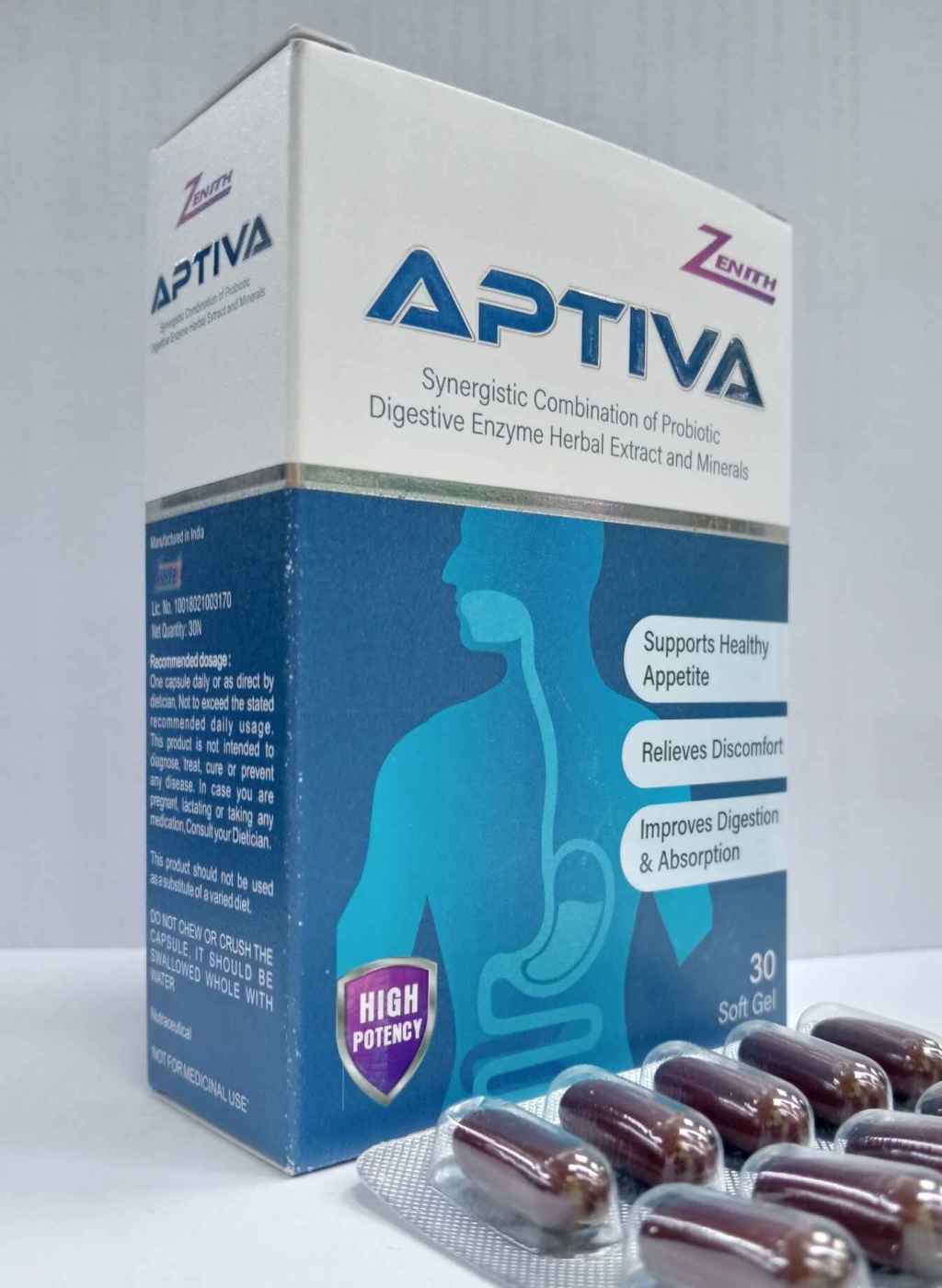 Zenith Aptiva softgel capsules contain Probiotics, essential minerals, vitamins and herbal&nbsp;extracts